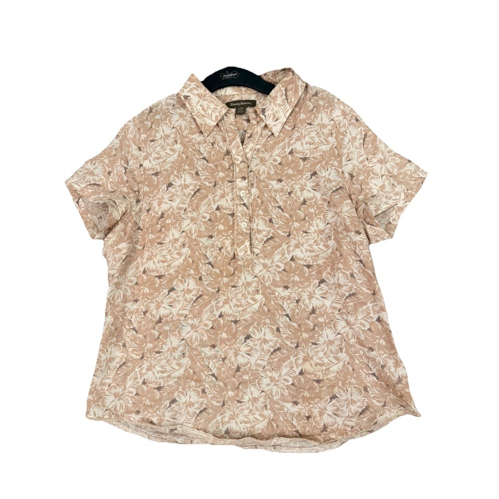 Tommy Bahama Shirt Womens L Beige 100% Linen Short Sleeve Blouse Resort Wear